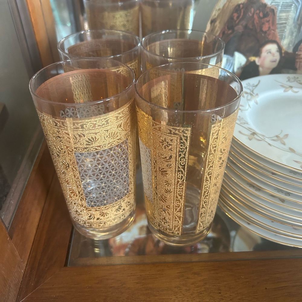 8 Mid Century Irene Pasinski 5 Kashmir 22 Kt Gold Highball Cocktail Glasses